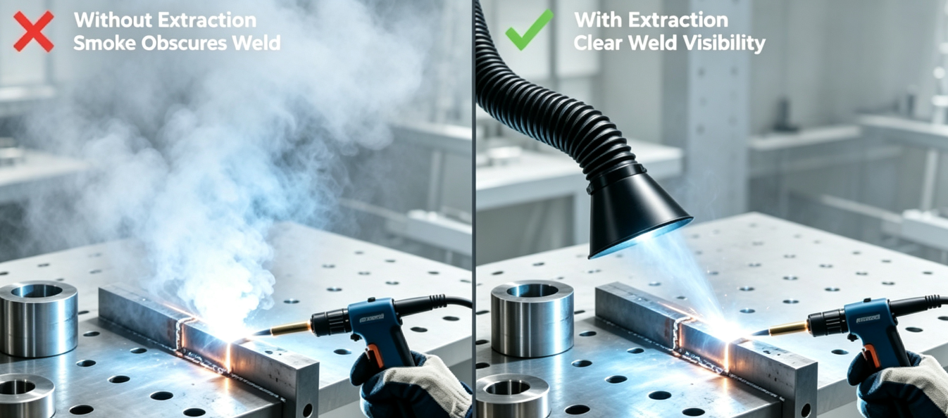 Fume extractor for welding before and after smoke extraction comparison