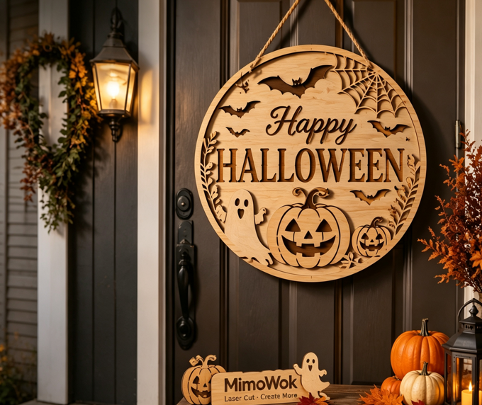 Custom Halloween wooden decorations made with an 80W CO2 laser cutter for commercial production