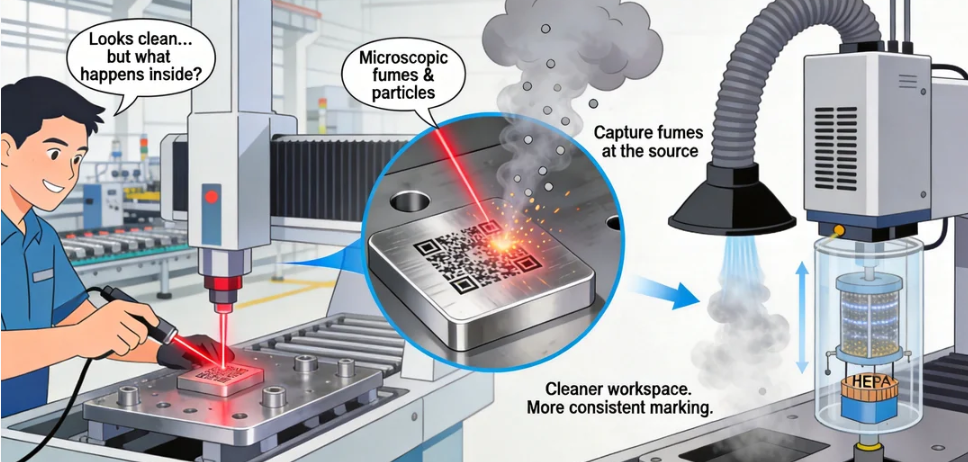 showing how a laser marking fume extractor captures smoke and particles during fiber laser marking
