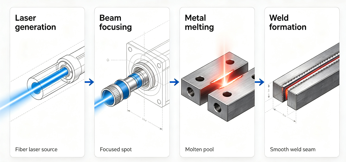 MimoWork 2000W laser welding process diagram showing how laser welding works