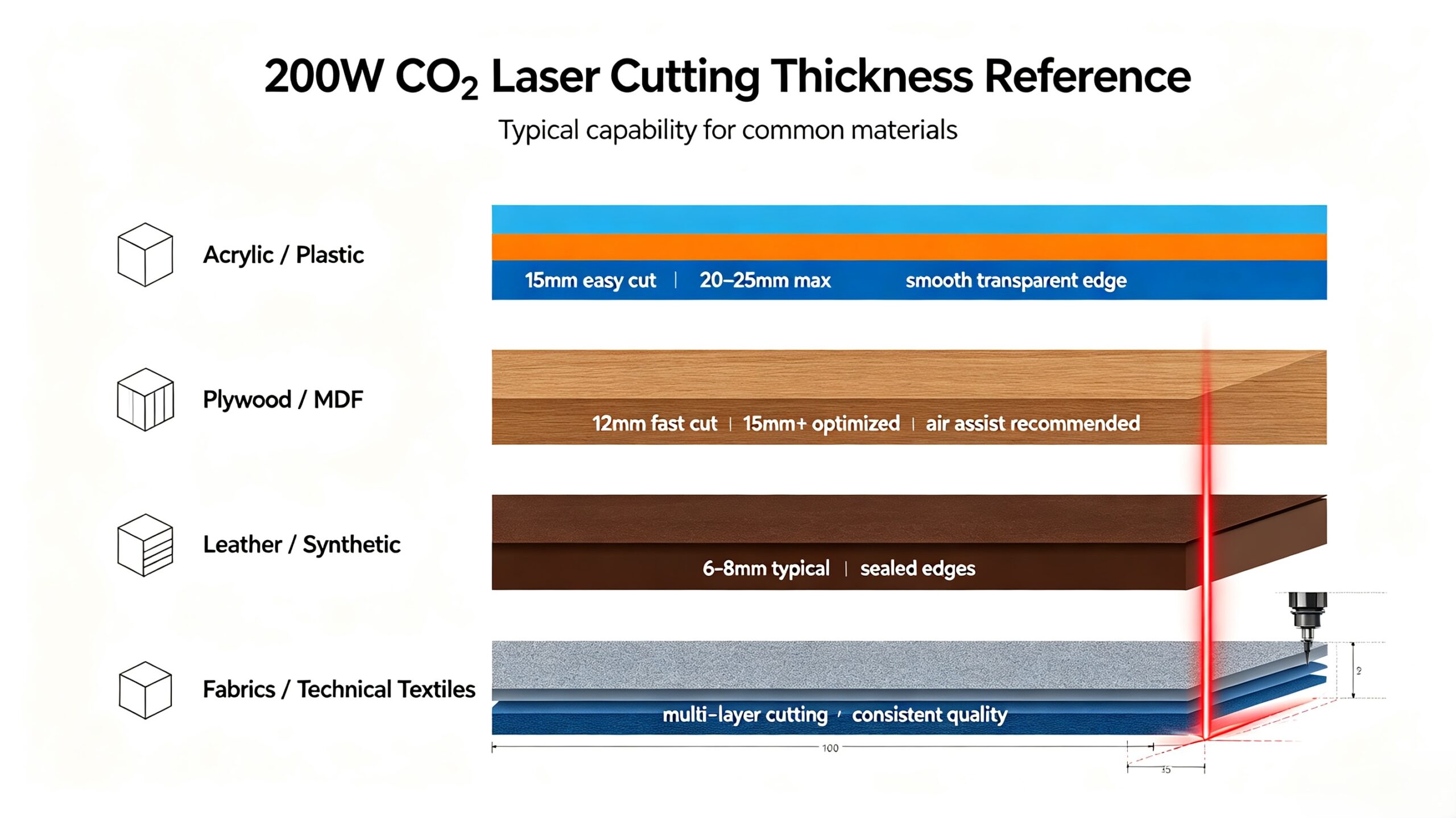 200W CO₂ Laser Cutting Thickness Reference