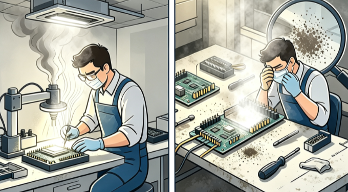 Soldering fume extractor comparison: safe vs hazardous electronics workshop working condition