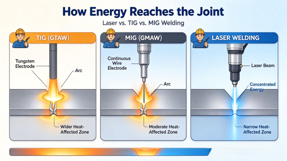 TIG vs. MIG vs. laser welding: how energy reaches the joint, with wide, moderate, and narrow heat-affected zones.