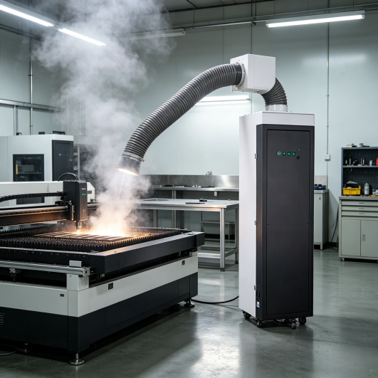 S-Series Fume Extractor application scenario: removing fumes from a laser cutter.