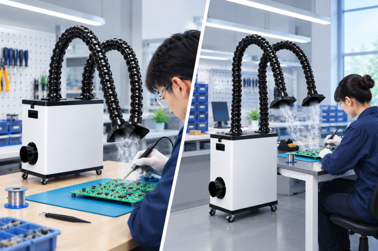 W-Series Fume Extractor with dual flexible arms absorbing smoke during PCB soldering