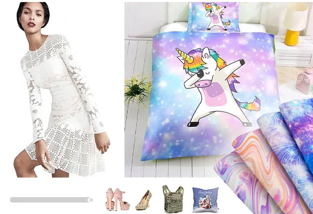 A collage of a white lace dress, unicorn bedding, and small fashion accessories.